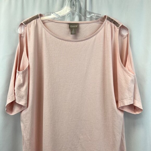 Chico’s Women’s Cold Shoulder Short Sleeve Top Embellished Shoulder Pink Large - Picture 2 of 9